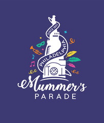 VECTORS. Illustration for Mummer's Parade in Philadeladelphia, January, New year celebration, City hall, tradition, logo