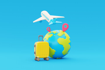 Airplane flying in clouds with globe, location pin and suitcase, Tourism and travel concept, holiday vacation, nature journey, 3d render.
