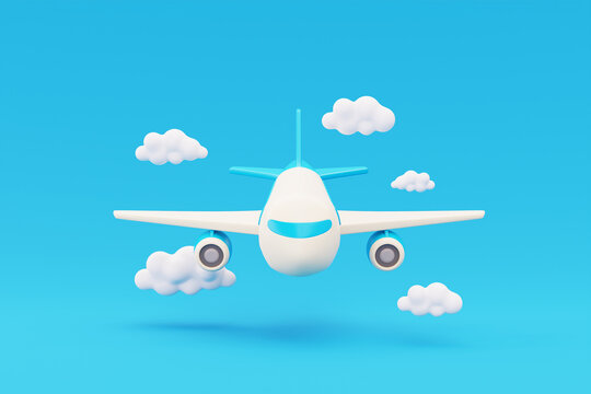 3D Airplane flying in clouds, Tourism and travel concept, holiday vacation, Family camping, nature journey, 3d render.