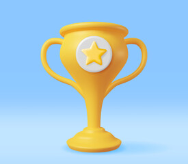 3D Golden Champion Trophy Isolated. Render Gold Cup Trophy Icon. Gold Trophy for Competitions. Award, Victory, Goal, Champion Achievement, Prize, Sports Award, Success Concept. Vector Illustration