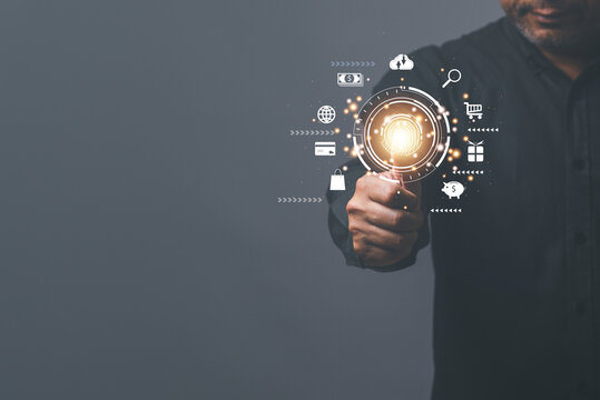 futuristic digital processing of biometric identification fingerprint scanner for accessing personal financial data. surveillance, security scanning of digital programs cyber futuristic applications