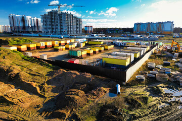Mobile office buildings or container site office for construction site. view from above. drone...