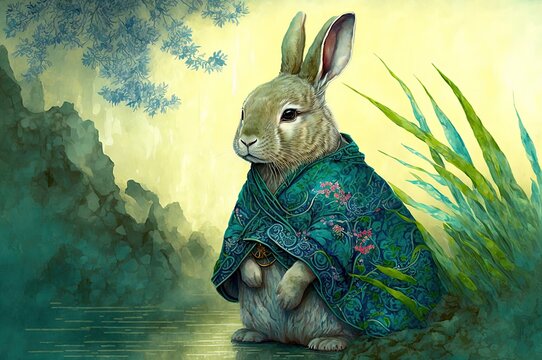 Kawaii image of the rabbit during the Chinese lunar new year. Anime style  bunny. Generative AI. Stock Illustration