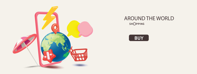 travel around the world online shopping on phone buy sell business digital  web banner application money advertising payment ecommerce vector illustration search