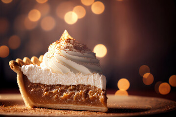 A delicious-looking slice of pie, topped with whipped cream and sprinkled with cinnamon against a beautiful bokeh background., Generative AI