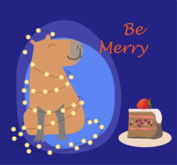 Greeting Christmas card with cute capibara. Be merry.