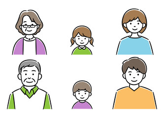 家族（シニア男女と若い男女と男女の子供）のシンプルイラスト