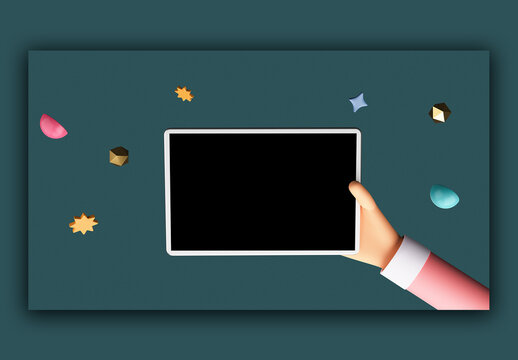 3D Render of a Human Hand holding Smart Tablet Device, Corporate Mock ups for Professional Presentations, Advertisement or App Demonstrations. Easily Editable PSD Prototype. 