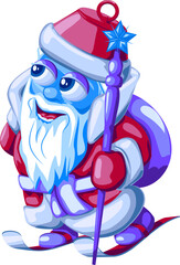 Christmas tree toy Santa Claus on skis with toy bag and staff.  Vector illustration of New Year's toy Santa Claus (Ded Moroz) on skis in cartoon style. Dressed in fur coat and fur hat.