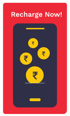 Prepaid, postpaid phone, and data recharge. Mobile phone with rupee coin. Vector Illustration. Online recharge payment, rewards, investment, cashless payment.