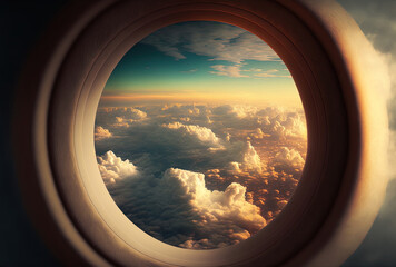 Beautiful cloudscape as seen via an aircraft window. Generative AI