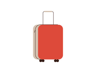 Red suitcase for business trip. Hand luggage for airplane on wheels. Travel bag isolated on white background. Vector illustration