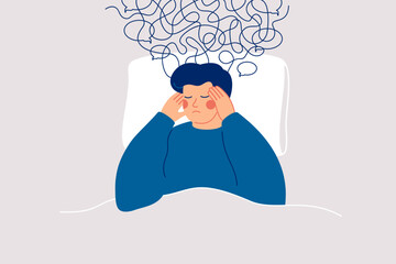 Sad man experiences anxious intrusive thoughts in bedtime and can't sleep. Сloud of thoughts hung over the man lying in bed. Sleep disorders and anxiety concept. Vector illustration - 553378946