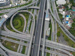 Aerial view city junction road with vehicle movement
