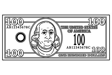US 100 Dollar bill. Vector line art illustration.