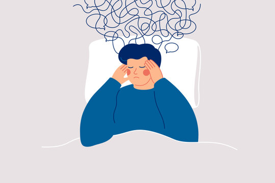 Sad man experiences anxious intrusive thoughts in bedtime and can't sleep. Сloud of thoughts hung over the man lying in bed. Sleep disorders and anxiety concept. Vector illustration