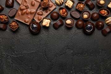 Different chocolate candies on black background