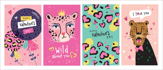 Fototapeta na wymiar Set of trendy Valentine's Day card, cover, poster and background design with leopard and leopard's pattern texture.