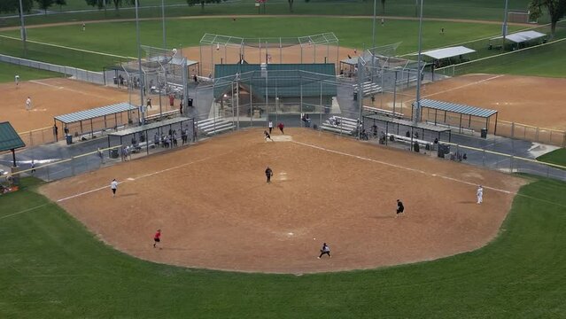 People Playing Softball At Andrews Park Champlin Minnesota - Static Drone Shot