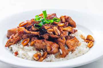 chicken kung pao with peanuts and rice