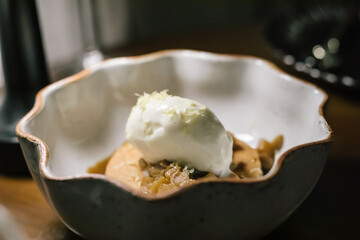 Vanilla ice cream , Lemon caramel selective focus, Beautiful and tasty food on a plate