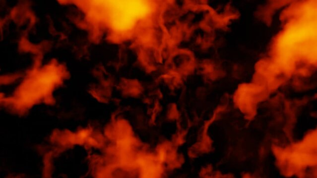 3D abstract animation flying through orange nebula on black background. Motion loop graphic backdrop sci fi intro