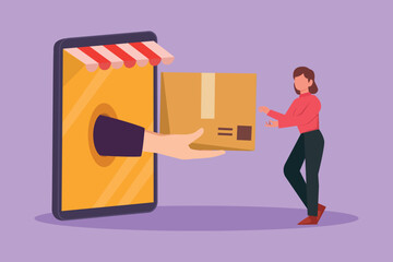 Graphic flat design drawing young woman receives package box from big hand that came out of large canopy smartphone screen. Digital delivery and online store concept. Cartoon style vector illustration