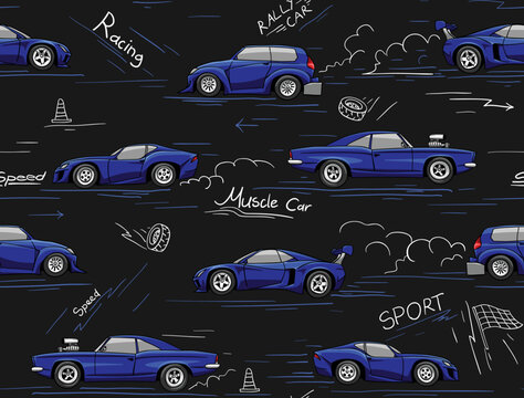 Racing cars seamless pattern. Hand drawn fun cartoon endless ornament for children fabric and fashion print. Vector background.