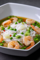 soup with shrimps, vegetables and rice nooodles