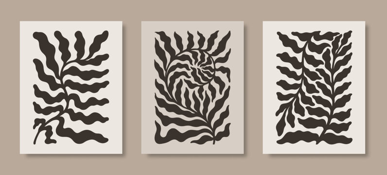 Abstract Matisse Floral Posters Set. Modern Botanical Print in Contemporary Minimal Style. Groovy Vector Illustration