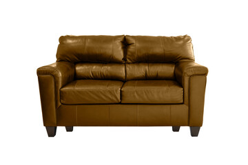 Brown leather sofa isolated. Soft furniture. Small brown leather couch on the white background
