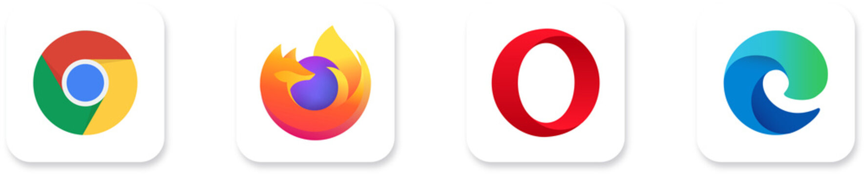 Mozilla Firefox, Microsoft Edge, Google Chrome and Opera are popular internet browsers on transparent background. Vector buttons of popular browsers with realistic shadow. PNG image
