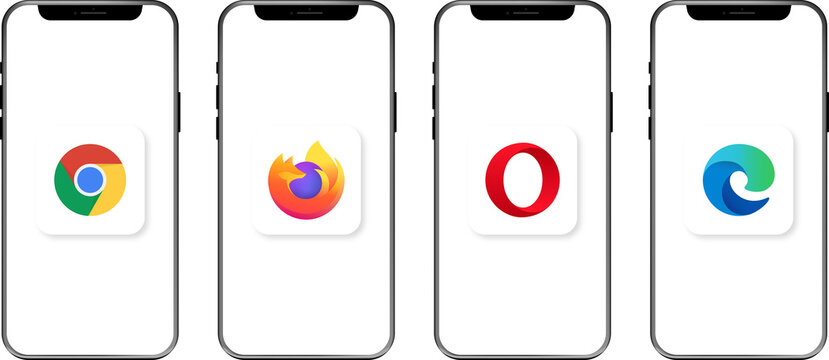 Mozilla Firefox, Microsoft Edge, Google Chrome and Opera are popular internet browsers on transparent phone mockups. Vector icons of popular browsers with realistic shadow. PNG image