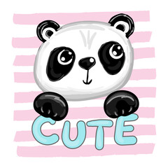 Hand drawn cute panda with lettering Cute on pink background. Print for t-shirt.