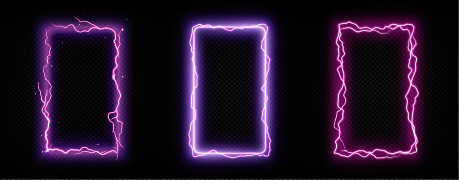 Rectangle frames with purple lightnings, electric energy strikes on border. Neon glowing banner frames with thunderbolt discharge isolated on transparent background, vector realistic set