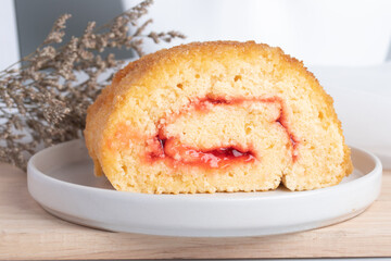 Strawberry Roll Cake on white background