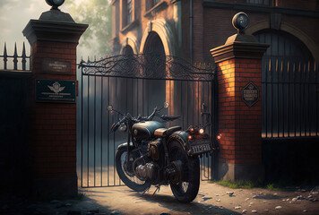 A brand new, gleaming black vintage motorcycle is parked behind a fence next to a brick structure. Generative AI