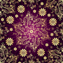 Fototapeta na wymiar Abstract seamless purple pattern with golden floral mandala and vintage flowers s on a gradient background with rays. Vector 