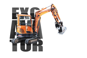 Mini excavator on a white isolated background. Compact construction equipment for earthworks. Close-up.