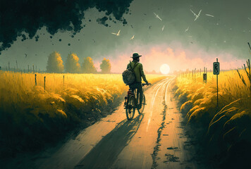 Agricultural cyclist on a rural road. Generative AI