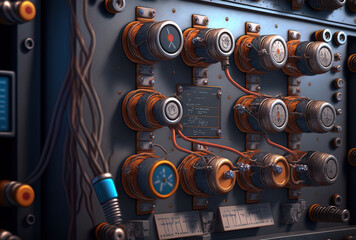 closeup of an electrical panel with fuses and contactors. Generative AI