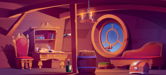 Pirate captain ship cabin. Wooden room interior with corsair stuff. Parchment and feather pen on table, chair, barrel, bottle of rum, treasure chest, spyglass, round window Cartoon vector illustration