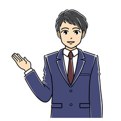 案内するスーツの若い男性（上半身）