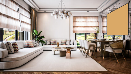 interior with table, room interior, room, living room, room with dining table, room with white sofa, villa interior, living room design in white tones