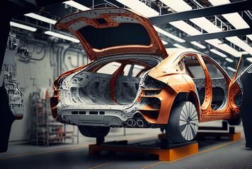 a picture of a car body being produced on an assembly line in a contemporary auto plant. Generative AI