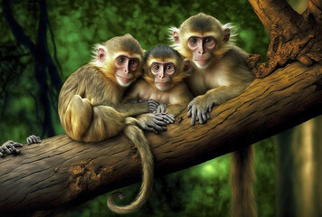 Obraz premium a family of monkeys relaxing on a tree limb. Generative AI