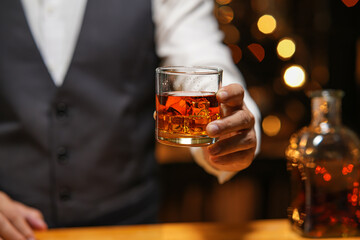 Bartender Serve Whiskey, on wood bar, 