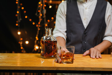 Bartender Serve Whiskey, on wood bar, 