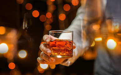 Bartender Serve Whiskey, on wood bar, 
