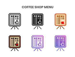Fototapeta premium Coffee Shop Menu icons vector illustration set line, flat, glyph, outline color gradient. Great for web, app, presentation and more. Editable stroke and pixel perfect.